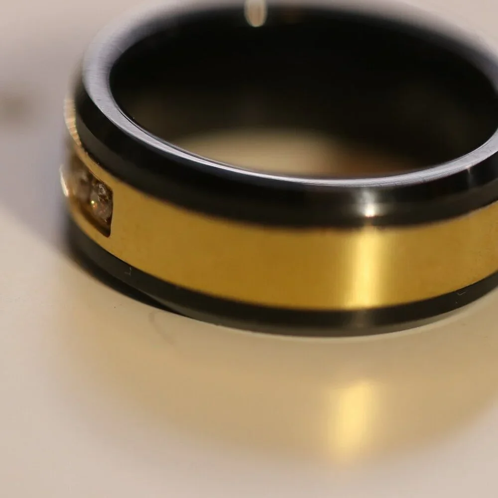 Men's Size 7 Tungsten Carbide Black and Gold Band With Cubic Zirconia